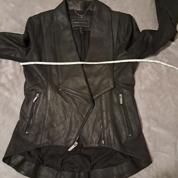 BCBGMAXAZRIA black genuine soft leather draped collar jacket front zip size XXS. - Picture 10 of 13